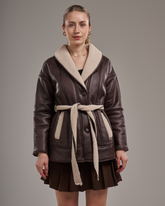 Faux Fur Back Leather Coat with Belt