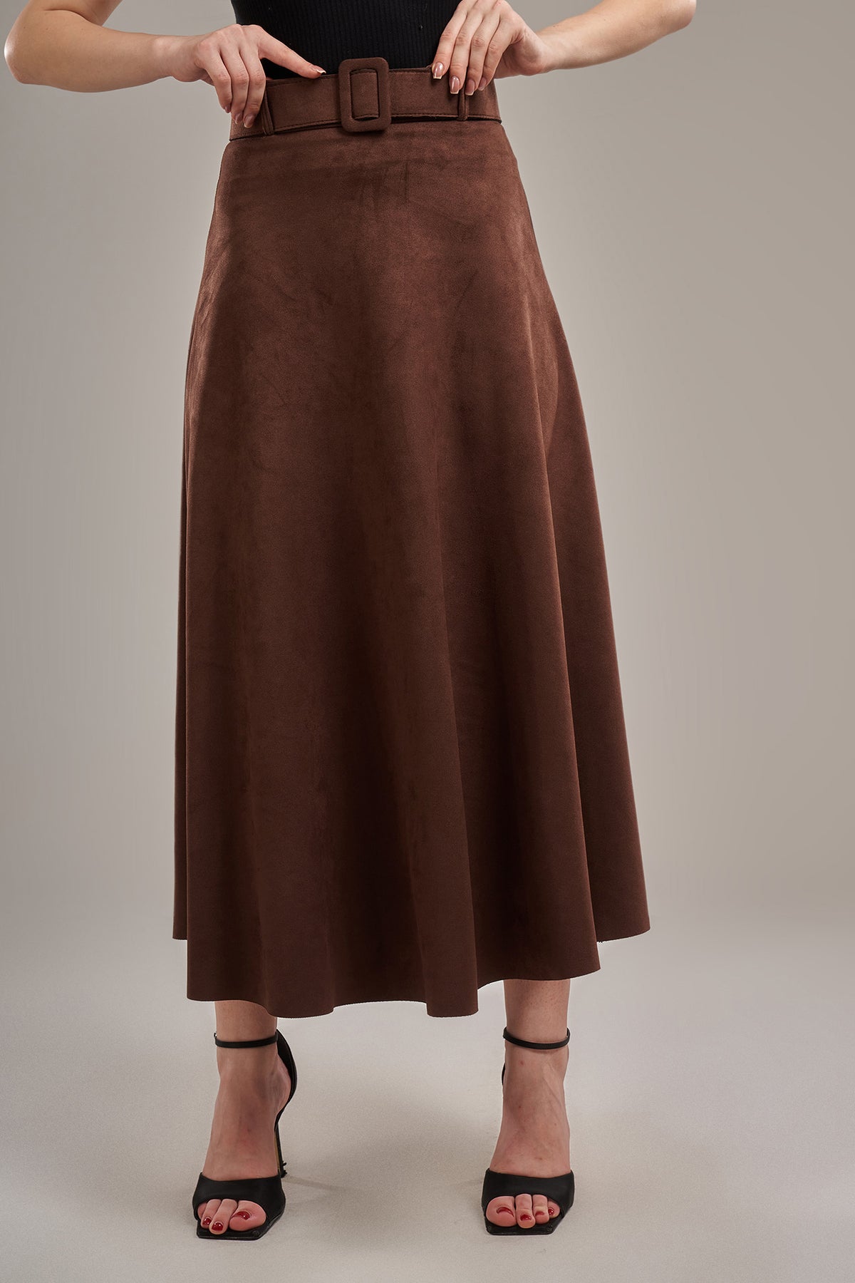 suede flared skirt with a belt